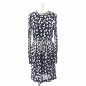 ワンピース ひざ丈 長袖 花柄 シルク 絹 S 紺 ネイビー /AN44