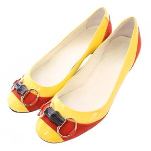 パンプス ラウンドトゥ ローヒール ホースビット レザー スエード 36.5 黄色 イエロー 赤 レッド