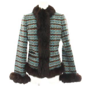 ツイードジャケット ブルゾン フォックスファー ウール混 絹 シルク混 スパンコール装飾 1 茶 ブラウン