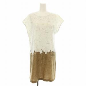 ワンピース ひざ丈 フレンチスリーブ 花柄 総柄 プリント ビース装飾 38 ライトグレー 茶 ブラウン