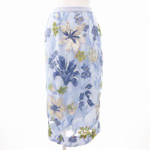 タイトスカート チュール ロング マキシ 花柄 タック スパンコール ビジュー装飾 36 水色 ライトブルー