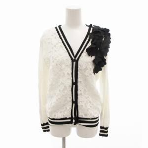 美品 ニット カーディガン レース シフォン フラワーモチーフ 長袖 F 白 黒 ホワイト ブラック /HO