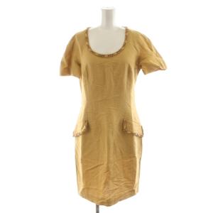 ワンピース ひざ丈 半袖 ビーズ装飾 麻混 リネン F38 ベージュ /AN43