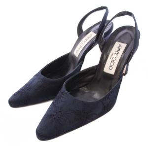 ミュール アンクルストラップ ポインテッドトゥ ハイヒール 刺繍 花柄 37 紺 ネイビー /BB