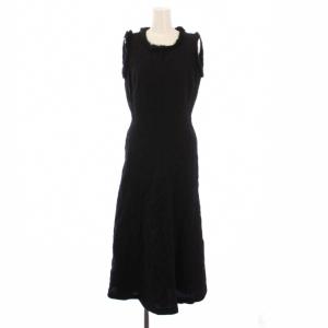 フレアワンピース マキシ ロング ノースリーブ クルーネック ファー ウール混 シルク混 38 黒 ブラック