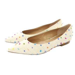 パンプス フラットシューズ ポインテッドトゥ チェック柄 35 白 ホワイト マルチカラー /KU