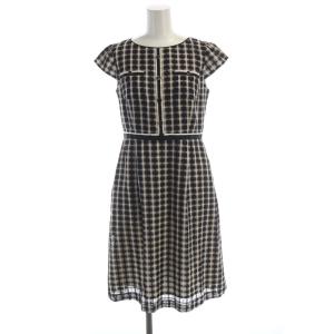 フレアワンピース ひざ丈 チェック フレンチスリーブ 半袖 0 アイボリー 黒 ブラック OPTOKA0050