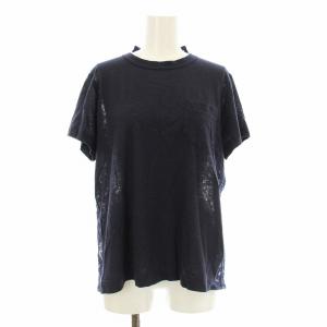 カットソー Tシャツ 半袖 レース切替 麻 リネン 2 紺 ネイビー 16-02714 /KU