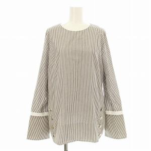 コンパクトコットンサイドボタンプルオーバーブラウス 長袖 ストライプ柄 38 茶 ブラウン 白 ホワイト