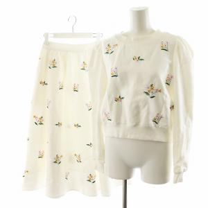 21AW セットアップ デイジー刺繍 スウェット トレーナー フレアスカート ロング丈 花柄 1 0 白