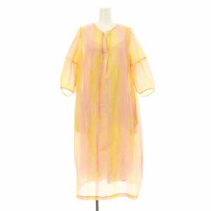 コットンシルクプリントカフタンドレス ワンピース フレア ミモレ ロング 五分袖 総柄 スキッパー M