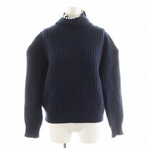 パールネックタートルニット セーター 長袖 ウール S 紺 ネイビー 5A206 /AN24