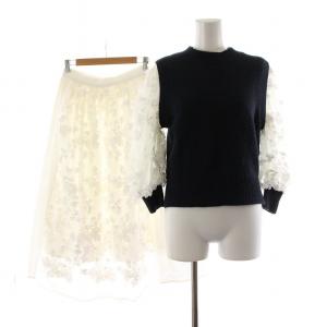 セットアップ フレアスカート ニット レース ロング 長袖 フラワーモチーフ 1 ネイビー ホワイト 22A103
