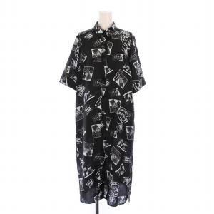 23SS フォトプリントシャツドレス フレアワンピース 半袖 ひざ丈 総柄 38 黒 ブラック 0223231108