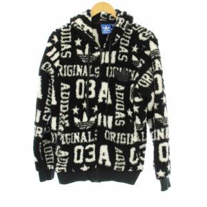 ボアフリースジャケット ジップアップ フーディ 総柄 M 黒 ブラック 白 ホワイト AC0482 /OR