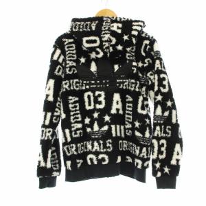 adidas Originals ボアフリースジャケット ジップアップ フーディ 総柄 M 黒 ブラック 白 ホワイト AC0482 /OR