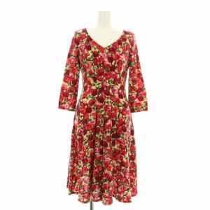 ワンピース フレア ミモレ ロング 七分袖 Vネック 総柄 M 赤 レッド ベージュ 緑 グリーン GBPAT-02490