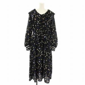 22AW フリルカラープリントワンピース ひざ丈 ラッフルカラー 長袖 リボンベルト 星柄 月柄 36