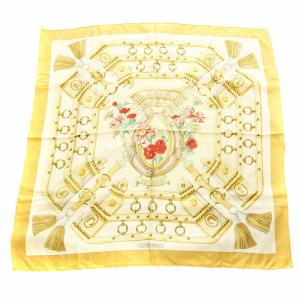 カレ90 AUX CHAMPS フィールドヘ スカーフ 大判 総柄 シルク 黄色 /KU D OH