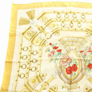 HERMES カレ90 AUX CHAMPS フィールドヘ スカーフ 大判 総柄 シルク 黄色 /KU D OH