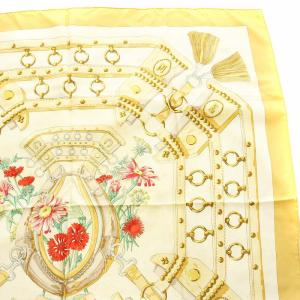 HERMES カレ90 AUX CHAMPS フィールドヘ スカーフ 大判 総柄 シルク 黄色 /KU D OH