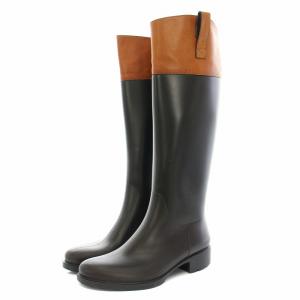 長靴 レインシューズ レインブーツ ロングブーツ ラバー レザー 37 24.0cm 黒 ブラック 茶