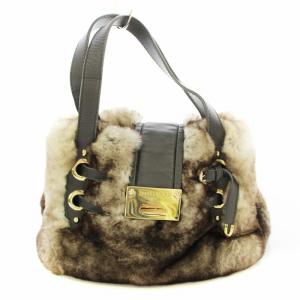 ラビットファー ハンドバッグ ミニバック グレー 茶 /G
