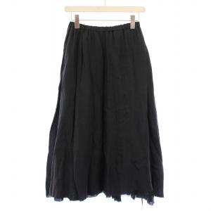 フレアスカート ギャザー イージー ミモレ ロング ウエストゴム サイドリボン 麻 リネン F 黒 ブラック