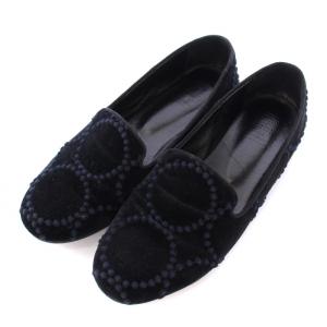 タンバリン スリッポン パンプス ラウンドトゥ ローヒール ベルベット 丸柄 切替 23.5cm 黒 ブラック