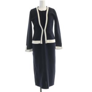 セットアップ カーディガン ワンピース ひざ丈 ニット 長袖 F 紺 ネイビー 白 ホワイト 11-06-81-06002