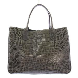 Longchamp ロゾ ハンドバッグ クロコ型押し レザー ロゴ カーキ 黒 ブラック /BB