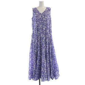 コットン フラワー マキシワンピース ロング ノースリーブ 38 青 ブルー 白 ホワイト 1526-199-3386