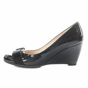Salvatore Ferragamo ヴァラリボン パンプス ウェッジソール アーモンドトゥ エナメル 6.5 黒 ブラック 19787 /AN13