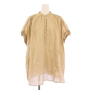 24SS コットンリネンギャザーフレンチスリーブシャツ ブラウス プルオーバー 半袖 バンドカラー ハーフボタン