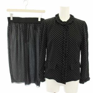 セットアップ 上下 ノーカラージャケット スカート ひざ丈 タイト ドット柄 フリル 絹 シルク 36