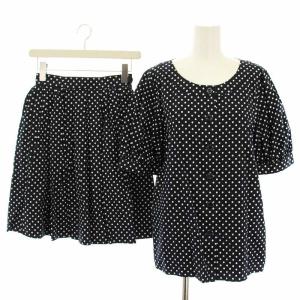 セットアップ 上下 ノーカラーシャツ 半袖 プリーツスカート ひざ丈 ドット 水玉 S M 紺 ネイビー