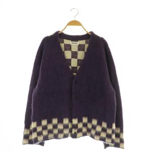 24AW チェッカード Vネック カーディガン 長袖 切替 パープル /MY OS