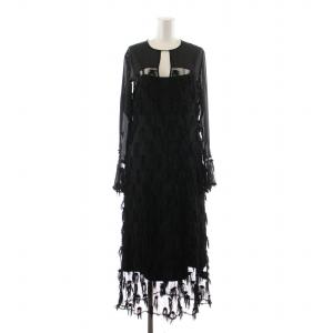 フリンジジャカードドレス ワンピース ロング 長袖 インナーワンピース付き 0 ブラック FWFO244515