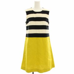 ワンピース ノースリーブ 絹 シルク混 ひざ丈 ボーダー 36 白 ホワイト 黒 ブラック 黄色 イエロー
