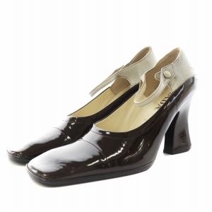 パンプス ヒール ストラップ スクエアトゥ 切替 スエード エナメル 36.5 ベージュ 茶 ブラウン