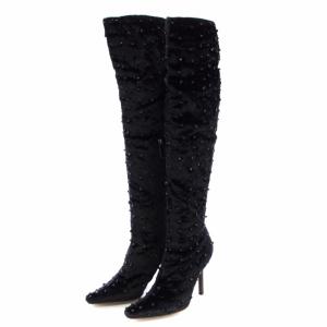 ニーハイブーツ ベロア ビーズ ポインテッドトゥ 36.5 23.5cm 黒 /TK D