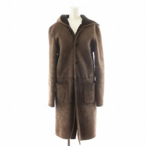 ムートンコート ロング丈 フード ボア アウター S 茶 ブラウン /AN36