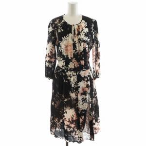 ワンピース ロング丈 長袖 総柄 レース シルク 絹 38 ピンク 黒 ブラック 白 ホワイト 62260749