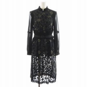 ワンピース ロング丈 長袖 刺繍 シアー シースルー 1 黒 ブラック 紺 ネイビー LKF255-OP3