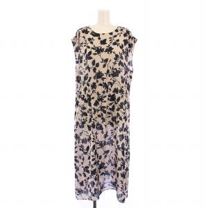 フレアワンピース ミモレ ロング ノースリーブ クルーネック 花柄 総柄 インナーキャミソール 44 グレージュ