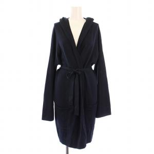 ニットカーディガン ロング丈 長袖 ストレッチ ベルト 前開きトッパー フード シルク L 紺 ネイビー