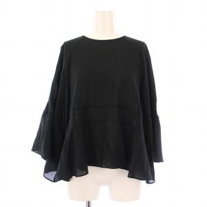 ドライキュプラブラウス シャツ フリル 七分袖 クルーネック 無地 38 黒 ブラック 531-3210705