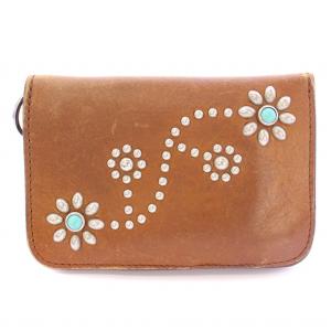 トラッカーウォレット 二つ折り財布 レザー ターコイズ フラワー 花柄 スタッズ 装飾 茶 ブラウン /BB