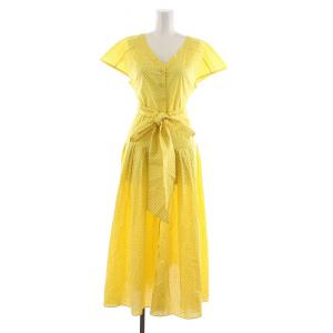 タグ付き ウエストリボンコットンワンピース ロング ドット 半袖 Vネック 36 イエロー 231411