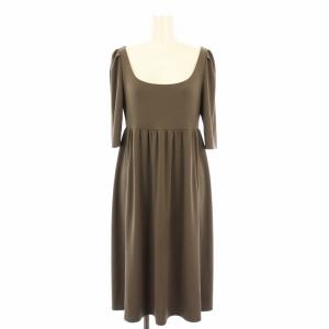 フレアワンピース ひざ丈 五分袖 ボートネック ストレッチ 40 茶 ブラウン /BB